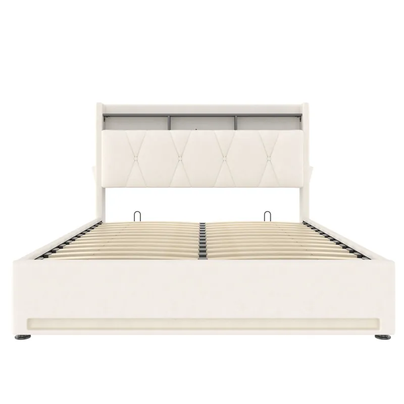 Estructura de cama 160x200 cm - Con iluminación LED, carga USB Type-C, almacenamiento debajo, cabezal con almacenamiento, hidráulica - Beige