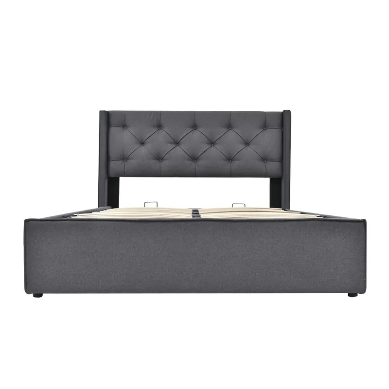 Cama doble hidráulica 160x200 cm - Tapizada con almacenamiento y somier de metal - Gris