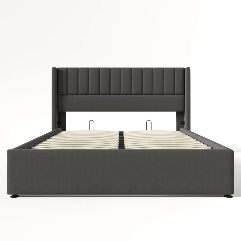 Cama doble hidráulica 140x200 - con somier de madera y metal, tapizado en lino - Gris