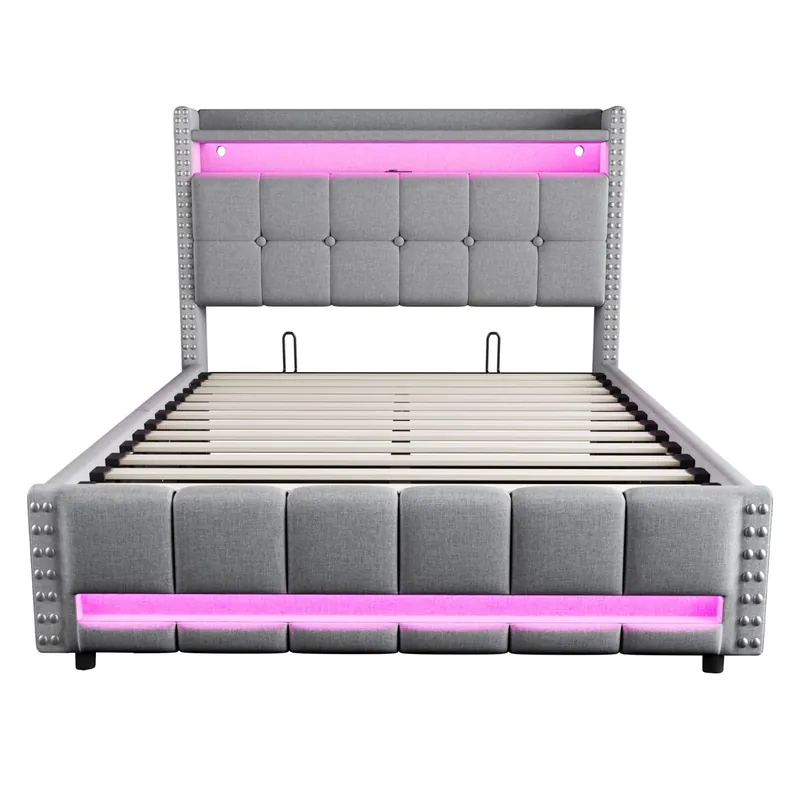 Cama tapizada 140*200 - con LED, USB, cabezal con estantes y almacenamiento, hidráulica para almacenamiento - Gris Claro