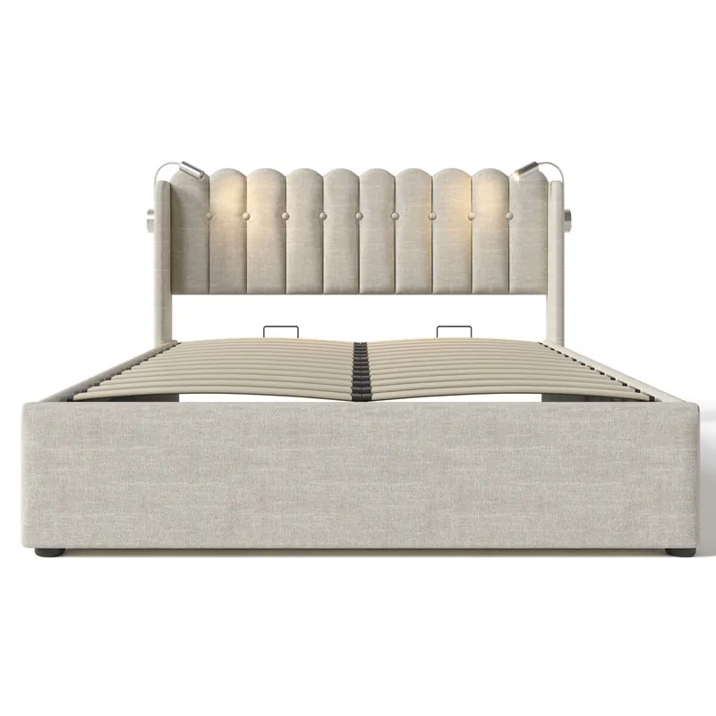 Cama tapizada 160x200 - Con luz de lectura, con función de carga, cabecero con almacenamiento, estructura de lino - Natural