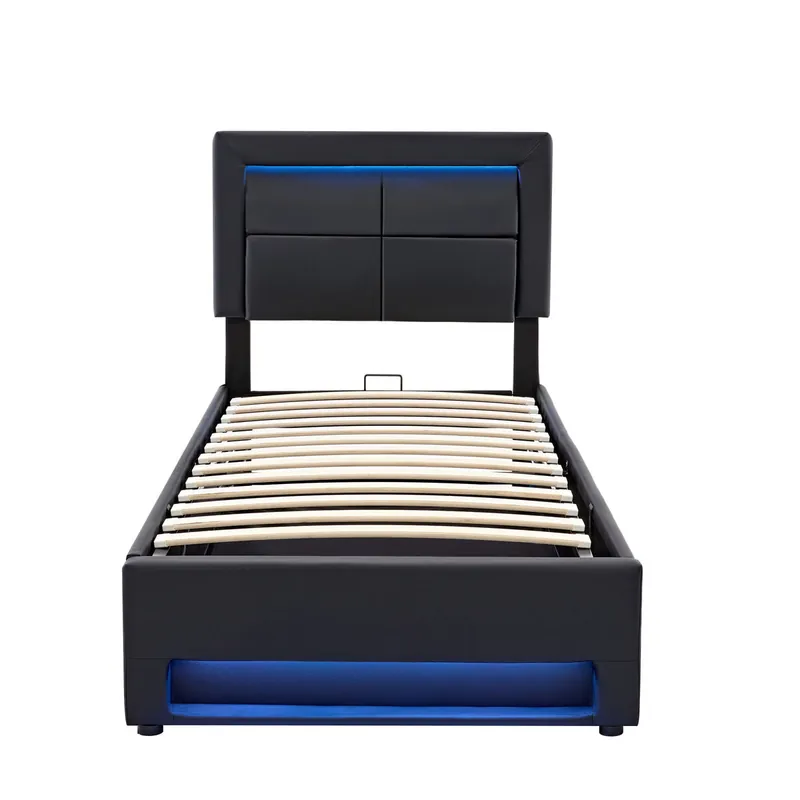 Cama tapizada 90x200 - con puerto USB, carga inalámbrica y por cable, LED y almacenamiento - Negro
