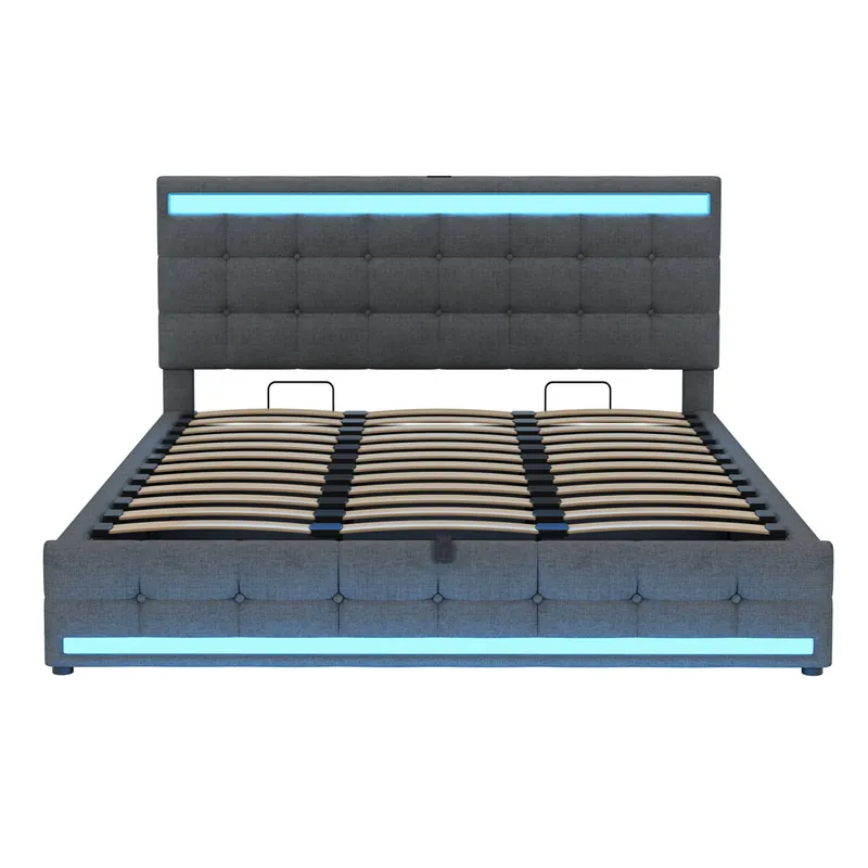 Cama infantil 180*200 - Cama con almacenamiento hidráulico, USB y tira LED RGB - Gris