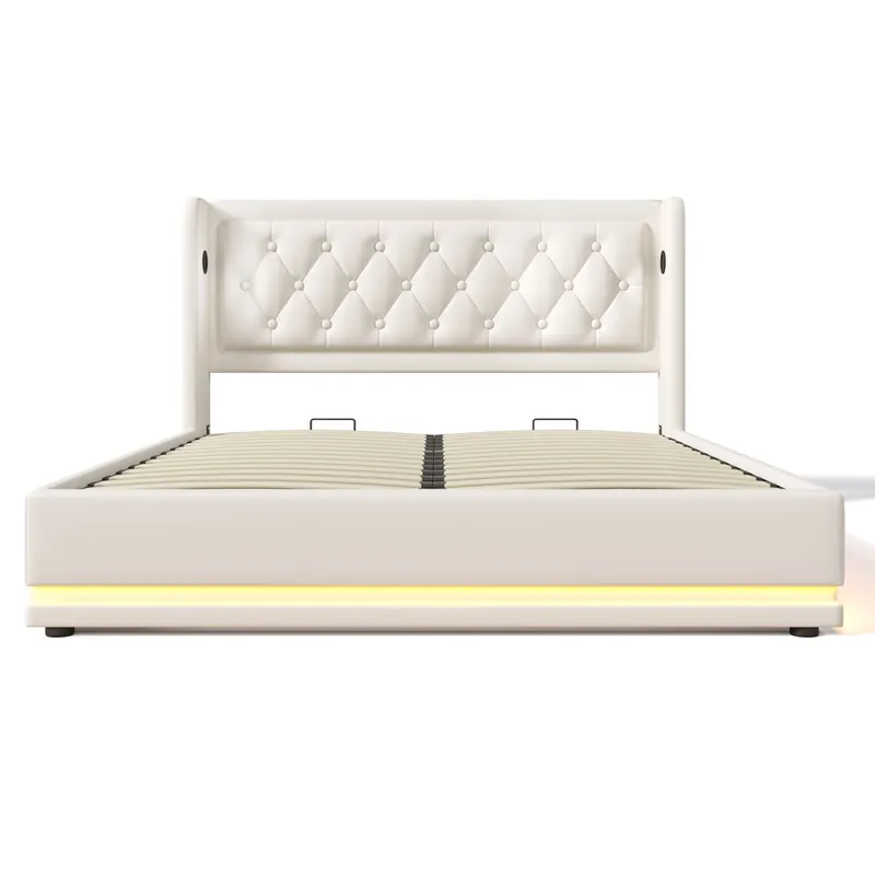 Cama tapizada 140*200 cm - Cama hidráulica con almacenamiento, cabecero acolchado con función de carga USB Tipo-C, función LED de 3 lados - Blanco
