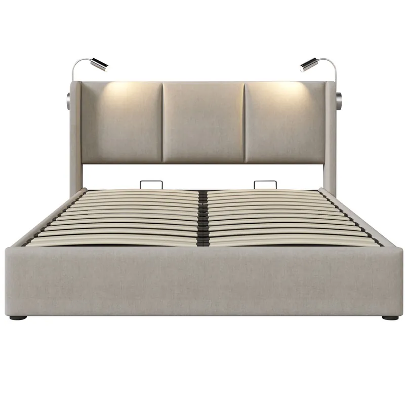 Cama Polsterbett 160x200 - Con almacenamiento, cabecero ajustable, luz de lectura y función de carga USB - Beige