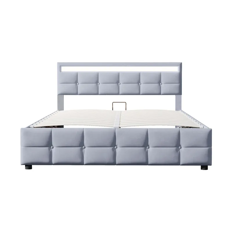Cama tapizada 180x200 cm - LED, somier, cama hidráulica, tela de terciopelo holandés - Gris