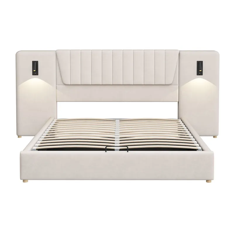 Cama tapizada 180x200 cm - Con respaldo extra largo, lámpara de lectura ajustable, puerto USB, cama con almacenamiento hidráulico - Beige