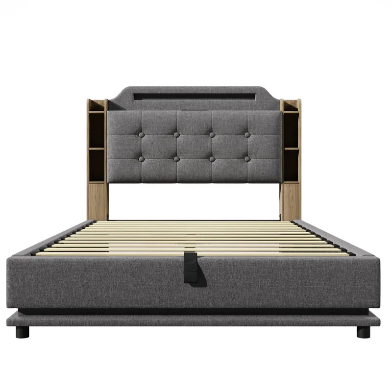 Cama tapizada 140*200 cm - Con tira LED, almacenamiento hidráulico, varios compartimentos, sin colchón, USB + TYPE-C, lino - Gris