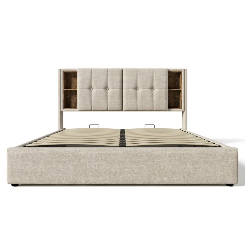 Cama doble 160x200cm - Cama tapizada con carga inalámbrica USB C, base con almacenamiento, somier de madera - Natural
