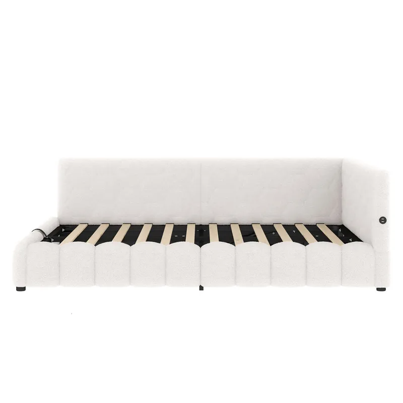 Día cama 140x200 cm - Sofá cama, con somier, con luz LED, mecanismo hidráulico, USB, Tipo-C, material cómodo, imitación de vellón - Blanco