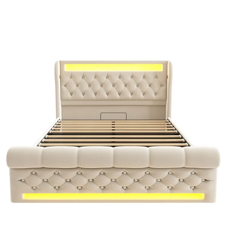 Cama tapizada doble 140x200cm - con LED, cabecera con almacenamiento, puertos USB y Tipo-C, cama hidráulica - Gris