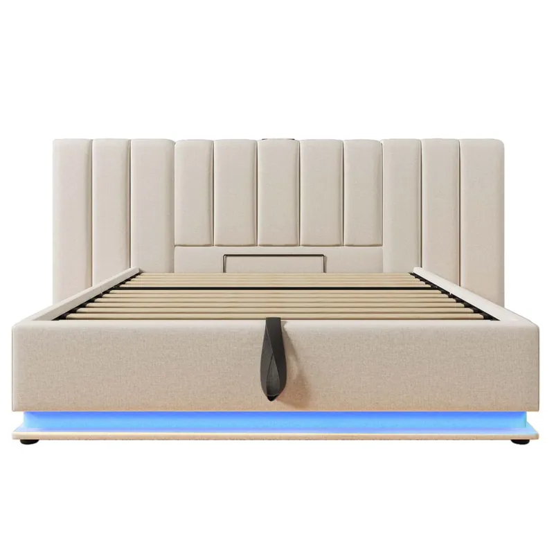 Cama tapizada 160x200 - almacenamiento, LED con control por app y USB-C - Beige
