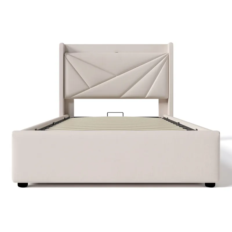 Cama individual 90x200 - almacenamiento con USB Tipo C y cabecero, estructura de lino, somier incluido - Gris