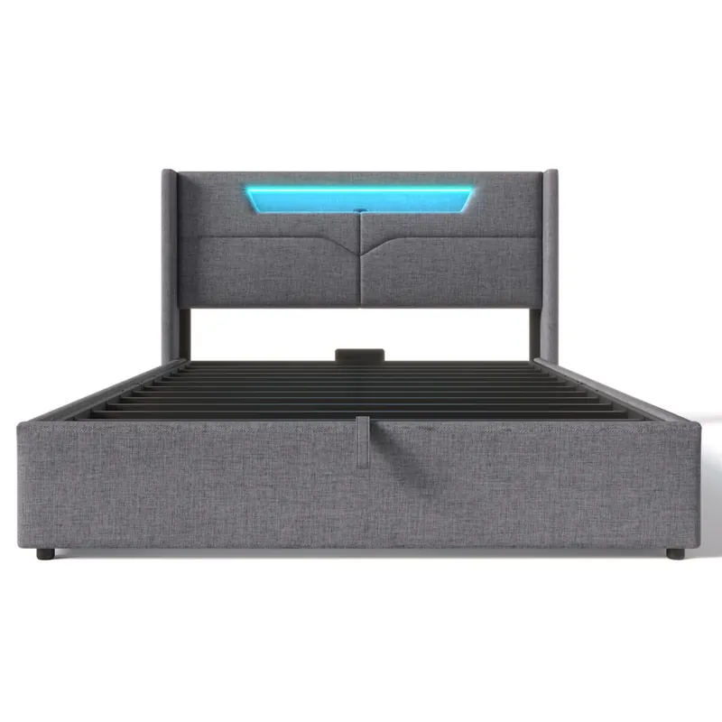 Cama tapizada 140x200 - con función de carga USB tipo C y luz LED - Beige