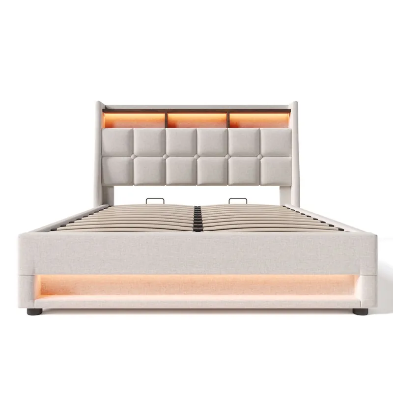 Cama tapizada 140x200cm - Cama LED con USB, con somier de metal, estructura de lino, cama juvenil (con colchón) - Beige