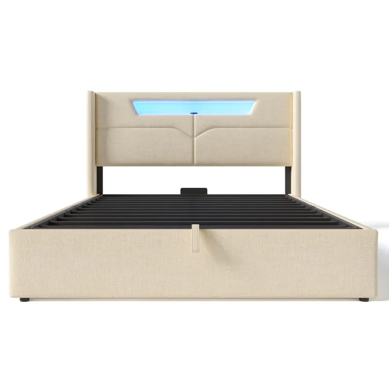 Cama tapizada 140x200 - Cama doble con función de carga USB Tipo C y luces LED - Beige