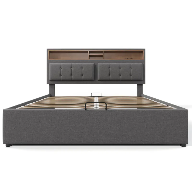 Cama tapizada 140x200 - con función de carga USB C, cabecero y almacenamiento - Gris