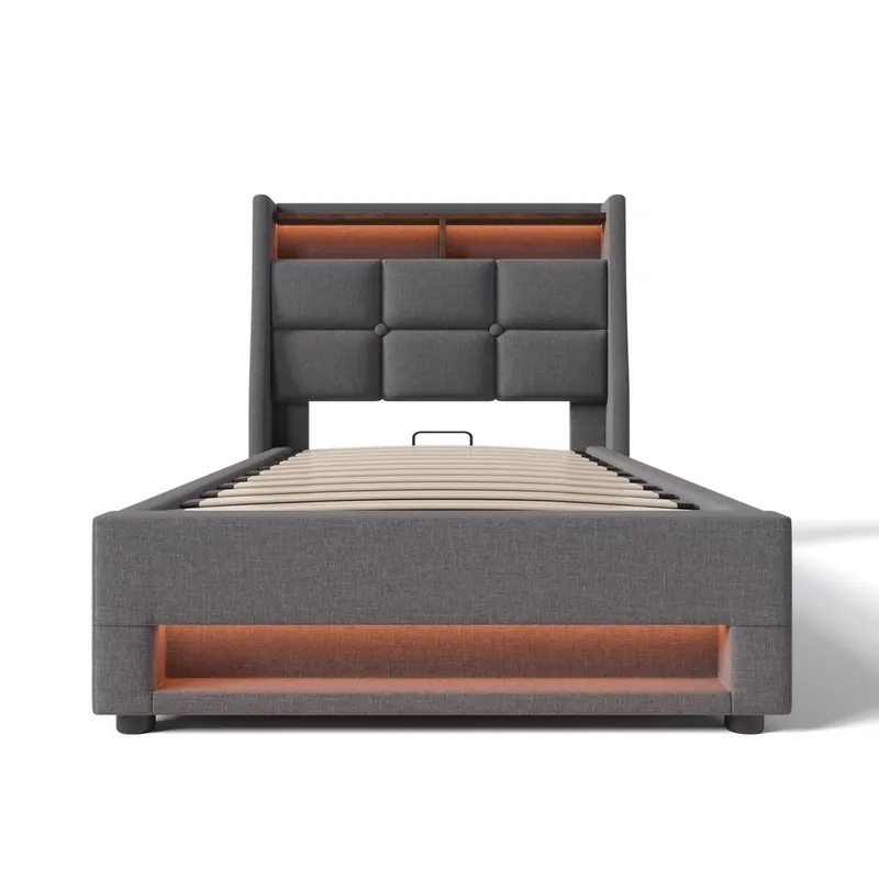 Cama tapizada con USB 90x200cm - Cama individual LED con somier de metal, estructura de lino - Gris