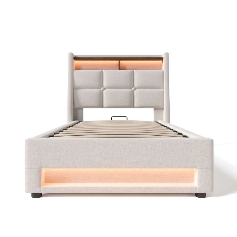 Cama tapizada 90x200 - Cama LED con USB, marco metálico, con somier, material de lino, para jóvenes - Beige