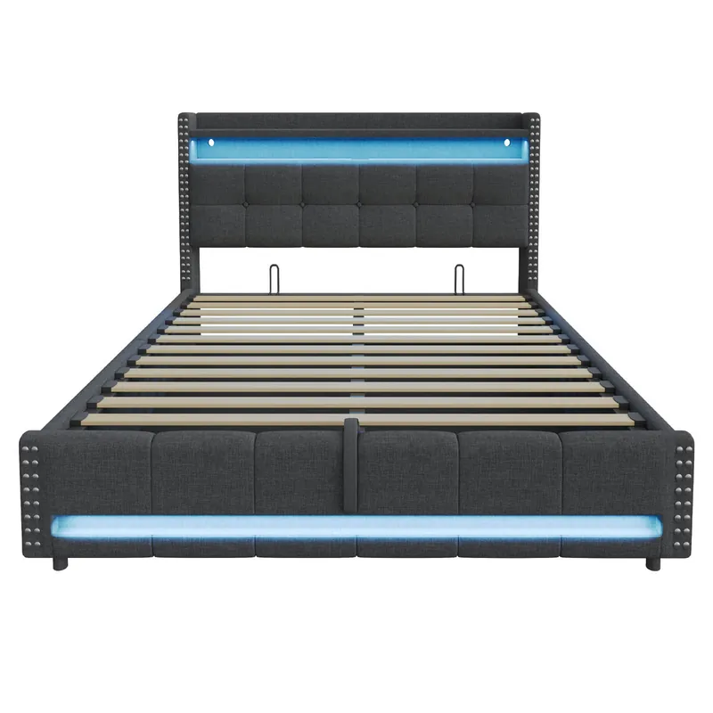 Cama tapizada 180*200 cm - Con LED y toma USB, cabecero con estantes y almacenamiento, con hidráulico para almacenamiento - Gris