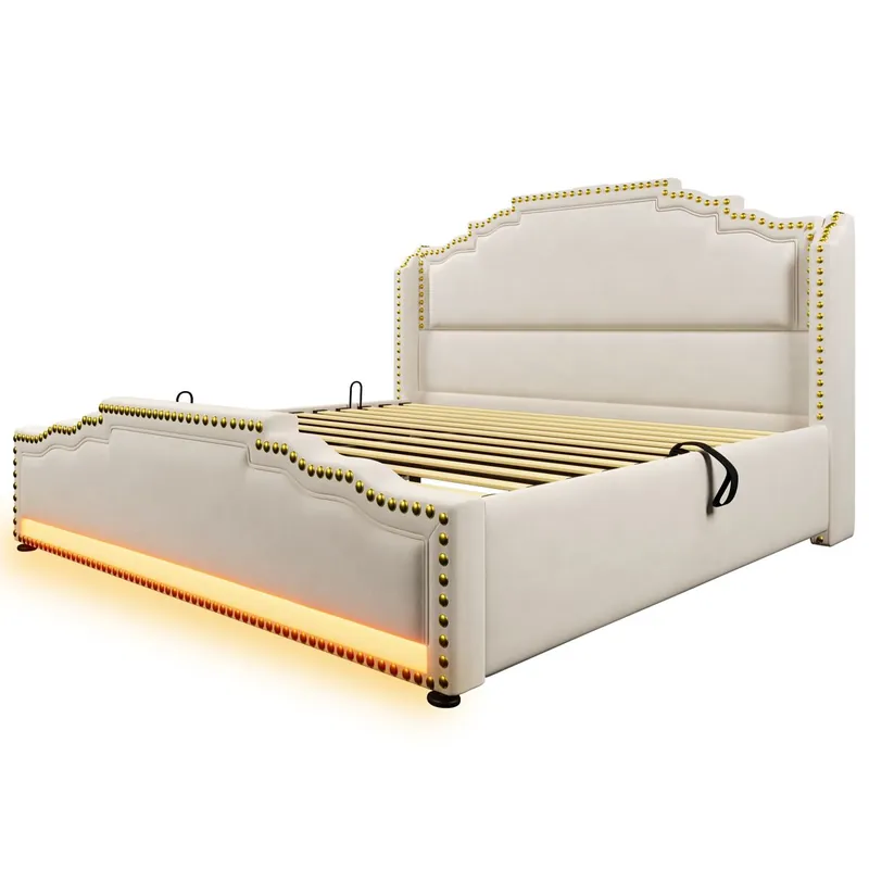 Cama Polsterbett 140x200 - Con almacenamiento hidráulico, LED y USB-C - Beige