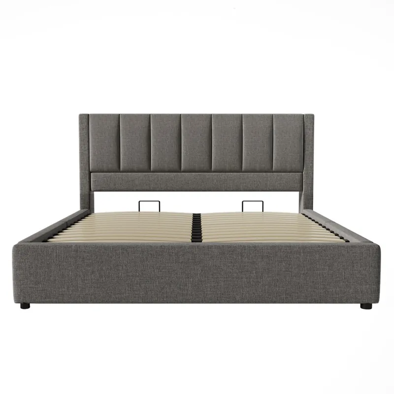Cama tapizada 160x200 cm - Cama doble con soporte oculto para bebidas y estación de carga - Gris