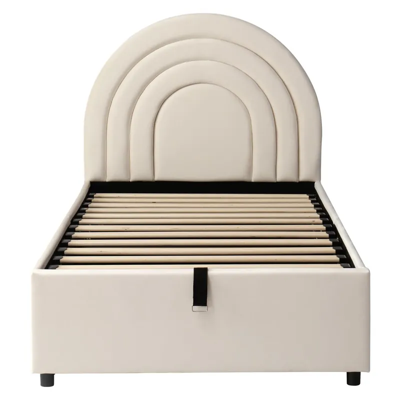 Cama tapizada 90x200 - Cabecero, con somier de lamas, para jóvenes y adultos, fácil montaje, terciopelo, beige