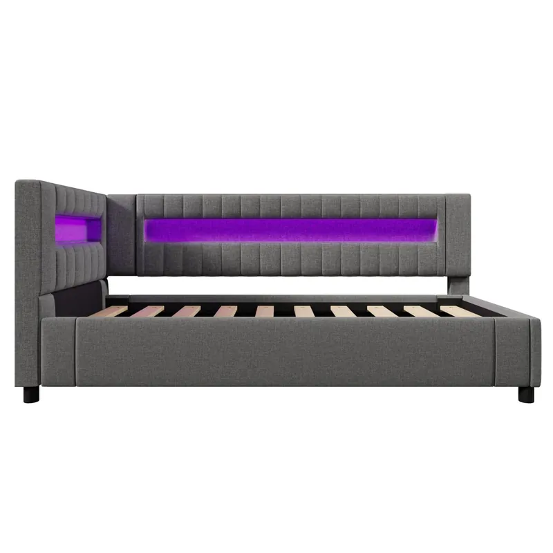 Sofá cama 90x200 cm - LED con mando, almacenamiento hidráulico, USB/TYPE-C - Gris