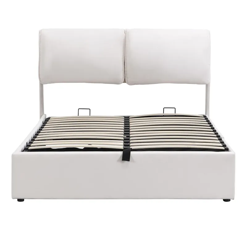Cama tapizada hidráulica 140x200 - con almacenamiento y 3 cajones - beige