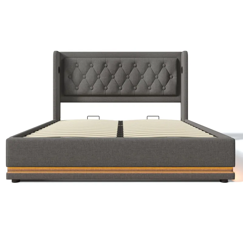 Cama contenedor acolchada 140 x 200 cm en tejido de algodón - con función de carga y LED a los pies de la cama - Gris