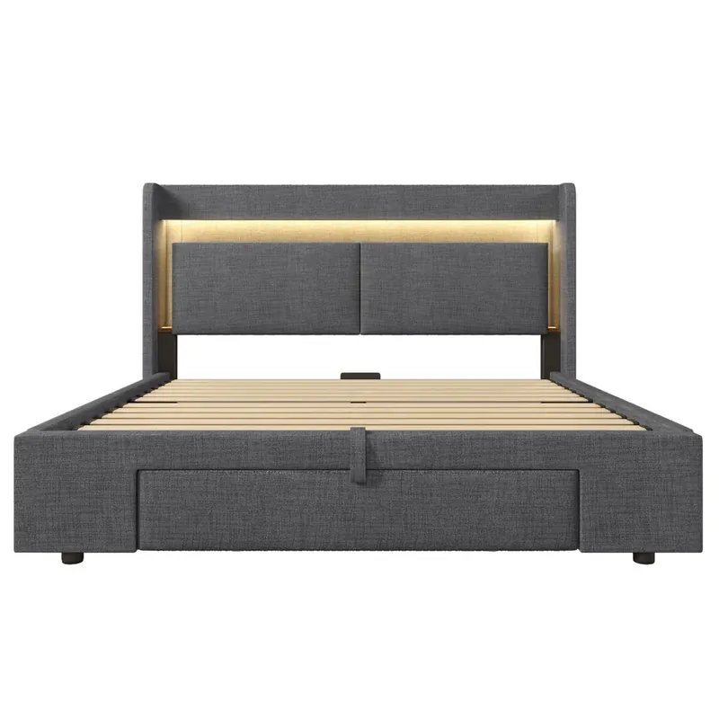 Cama tapizada 140x200 cm - Almacenamiento hidráulico, LED, USB/USB-C, cabecero con cajón - Gris