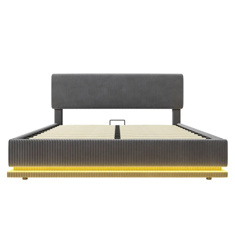 Cama tapizada moderna 160x200 cm - Iluminación LED, cargador USB-C, cabecero ajustable, tela de cordón, almacenamiento, gris
