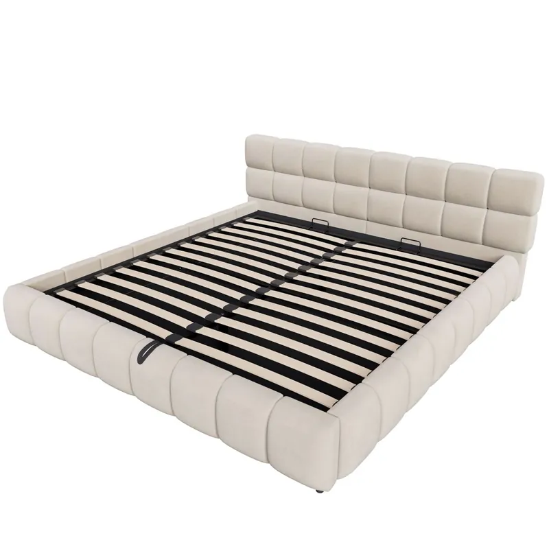 Cama tapizada 180x200 - Cabecero y laterales acolchados, almacenamiento hidráulico, luz LED - Beige