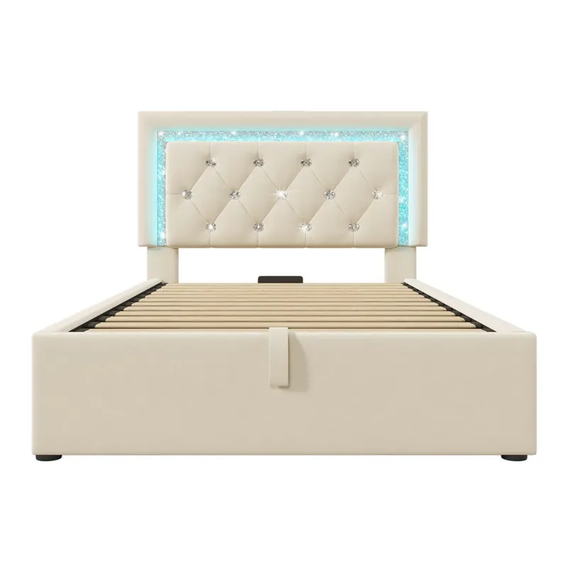 Cama individual 90x200 – LED, USB/Type-C y arcón hidráulico – Beige