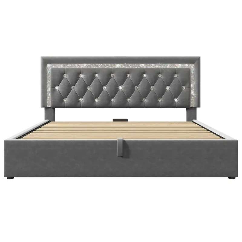 Cama tapizada 140x200 cm - LED en cabecera, USB/Type-C, almacenamiento hidráulico, moderno - Gris
