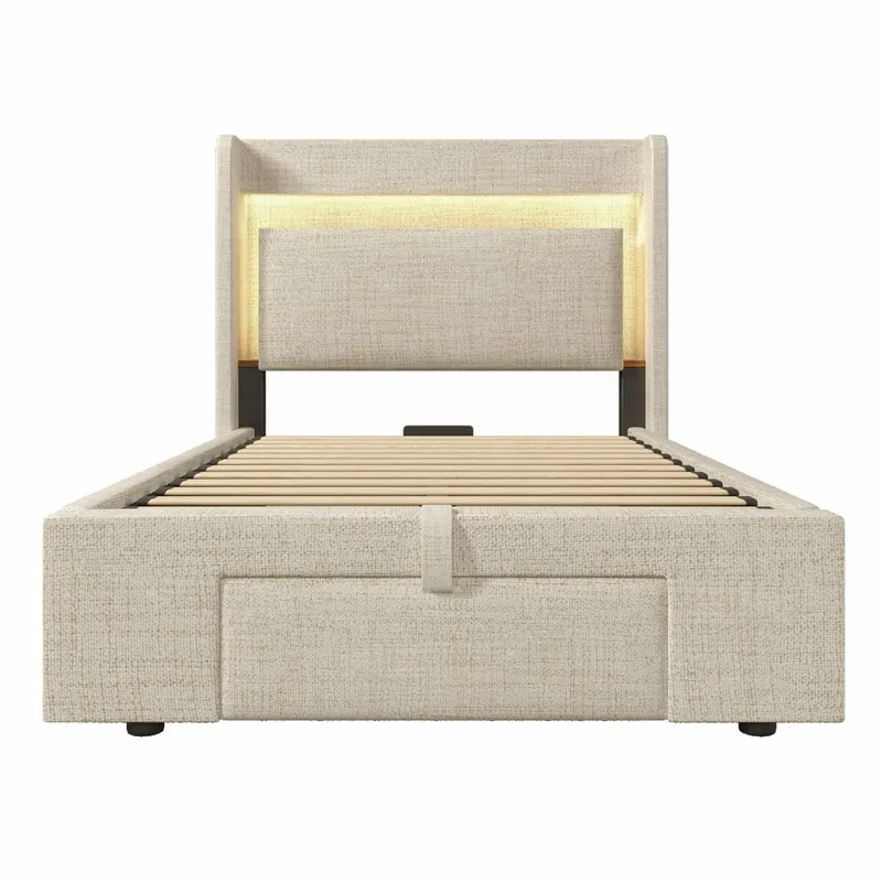 Cama tapizada 90x200 cm - almacenamiento hidráulico, cabecero con LED y USB - Beige