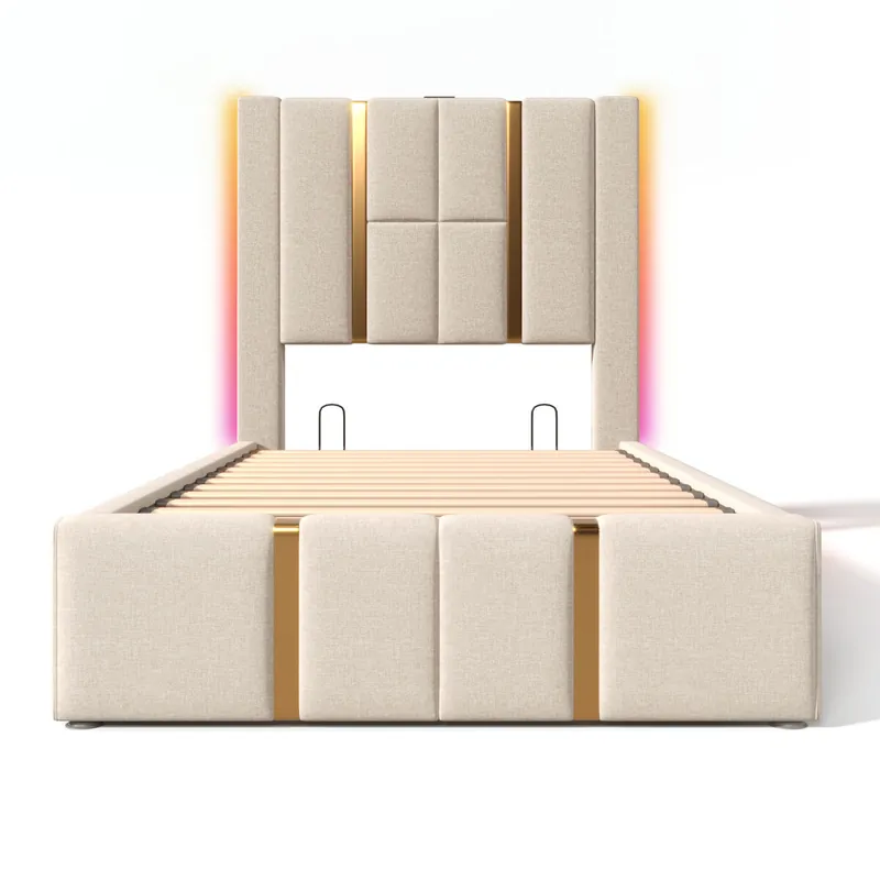 Cama baúl 90x200 cm tapizada en tela de lino - con LED y función de carga - con somier de láminas - Beige