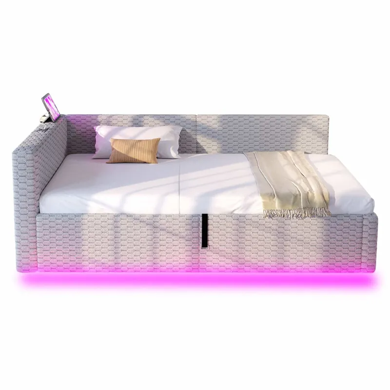 Cama tapizada 90x200 cm - iluminación LED, cabecero en L, dos puertos USB (USB-C), tejido de terciopelo, somier hidráulico - gris