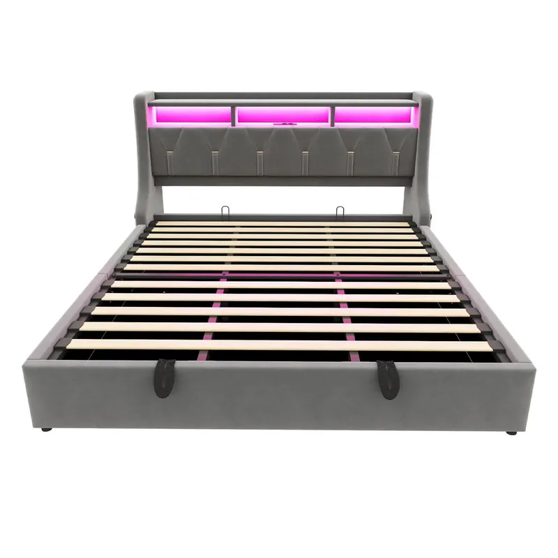 Cama tapizada 180 x 200 cm - Cama de almacenamiento hidráulica, cabecero abatible con almacenamiento, enchufe, LED - Gris