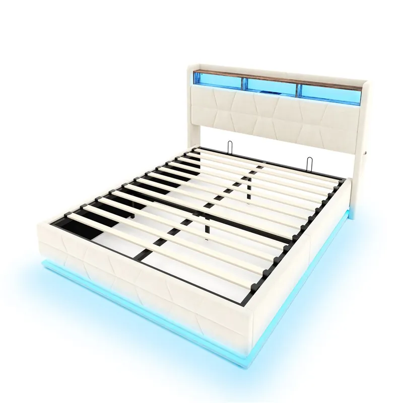 Cama multifuncional 140x200cm - LED, estantes, bolsillos, USB/Type-C, cabecero con almacenamiento - Beige