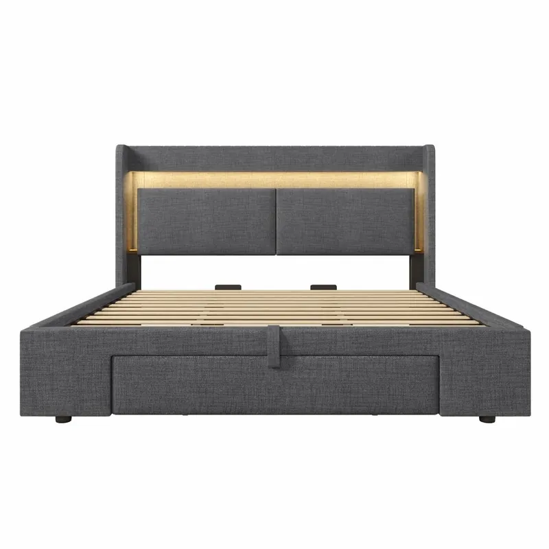 Cama tapizada 180x200 - almacenaje hidráulico, cabecero con LED y USB - Gris