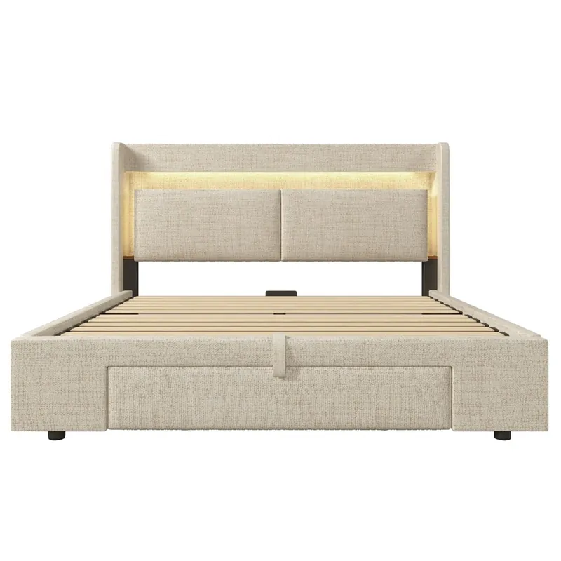 Cama tapizada 140x200 cm - Almacenamiento hidráulico, cabecero con LED, USB/USB-C - Beige