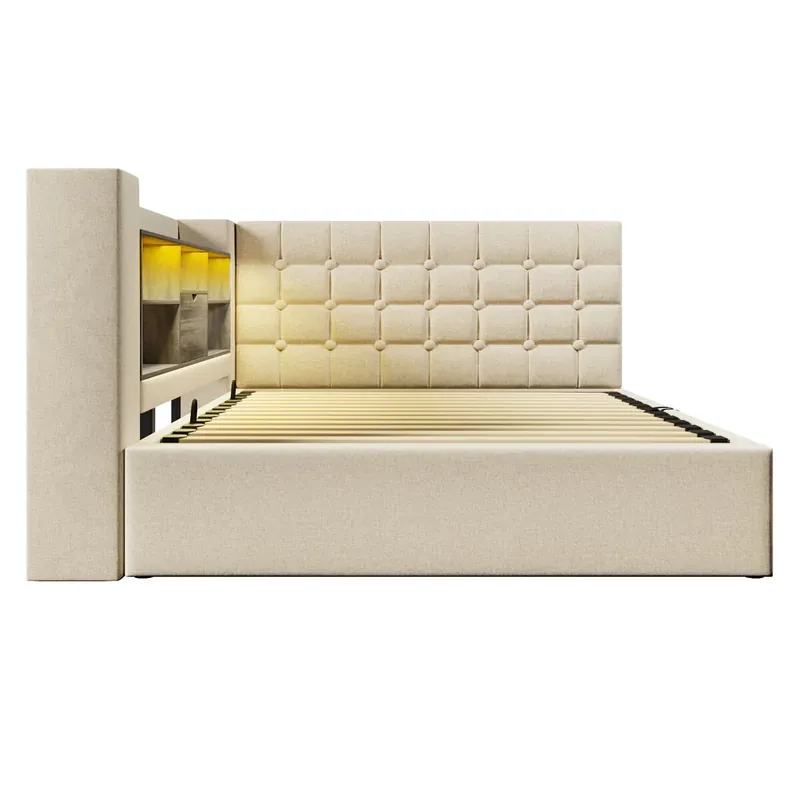 Cama tapizada 140x200 - LED, almacenamiento hidráulico, cabecero L, colchón incluido - Beige