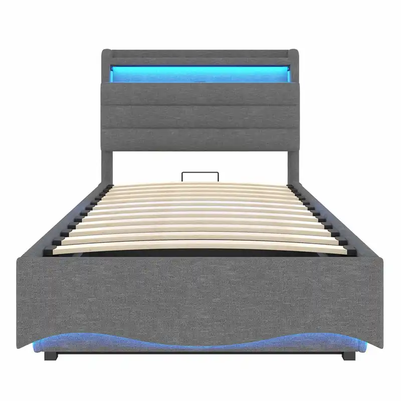 Cama tapizada 90x200 cm - con iluminación LED, mecanismo hidráulico, puertos USB y Tipo-C, compartimento y estantes, tela de lino - Gris