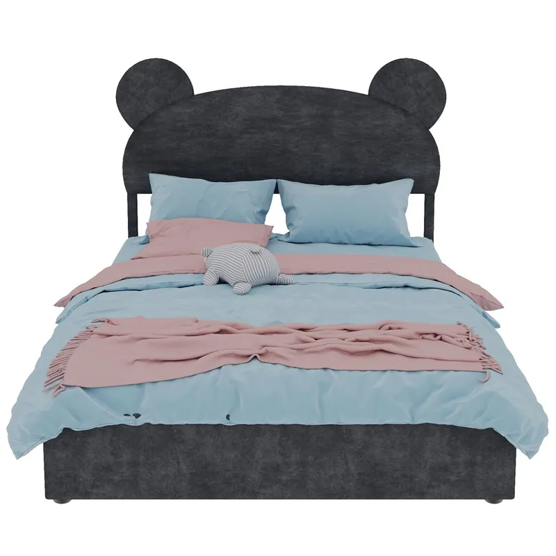 Cama tapizada infantil 140x200 - Cabecero de dibujos animados, almacenamiento con pistón - Gris