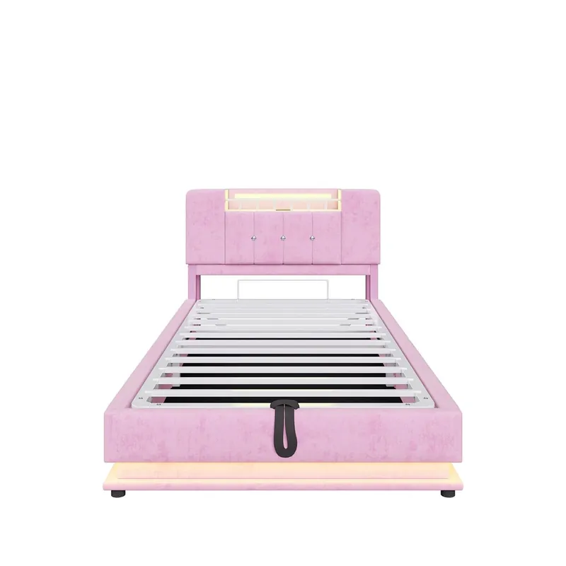 Cama infantil 90x200 cm - Con iluminación LED, puerto USB, almacenamiento hidráulico, tapizado de terciopelo, estructura metálica - Rosa