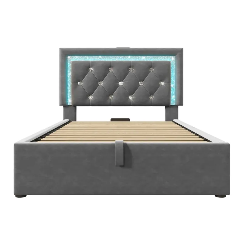 Cama individual 90x200 cm - Terciopelo, LED en cabecera, USB & Type-C, almacenaje hidráulico - Gris