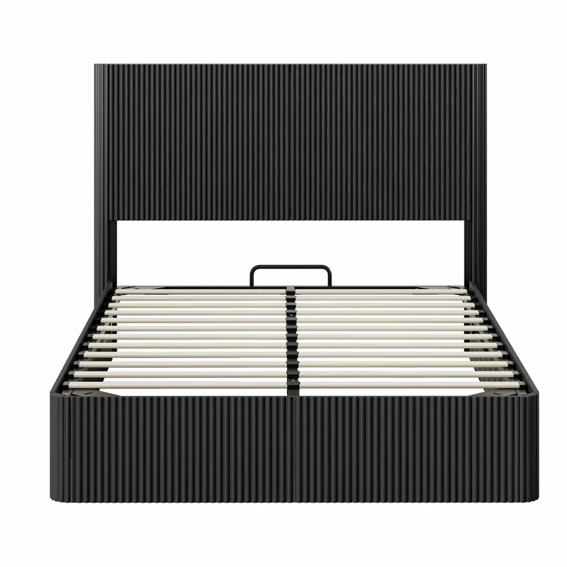 Cama moderna 140x200 cm - Sistema de elevación hidráulico, gran espacio de almacenamiento, listones de madera maciza - Negro