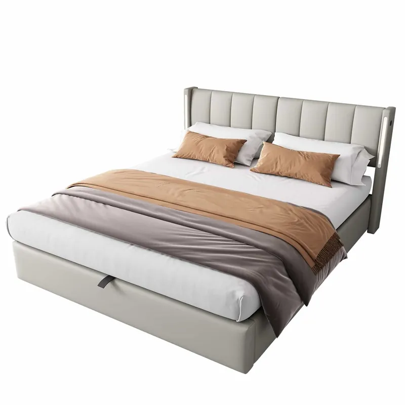 Cama tapizada LED 180x200 cm - hidráulica con almacenamiento, puerto USB recargable, cabecero ajustable - gris