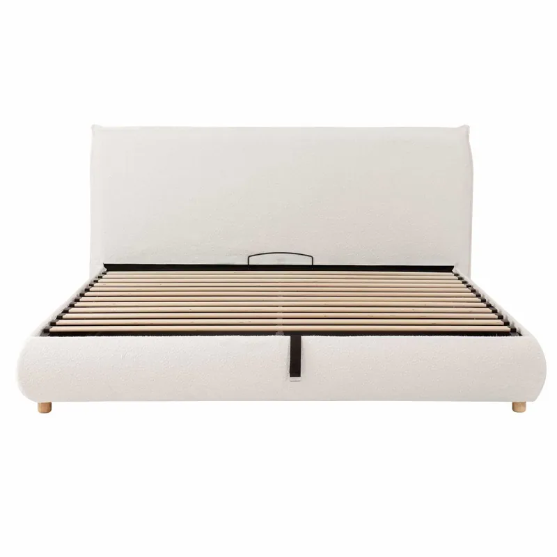 Cama tapizada 180x200 cm - cama doble con sistema hidráulico, somier, cabecero acolchado, gran espacio de almacenamiento, patas de madera maciza - blanco bouclé